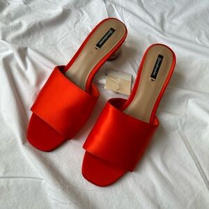 Stradivarius poppy red satin ombre slide heels